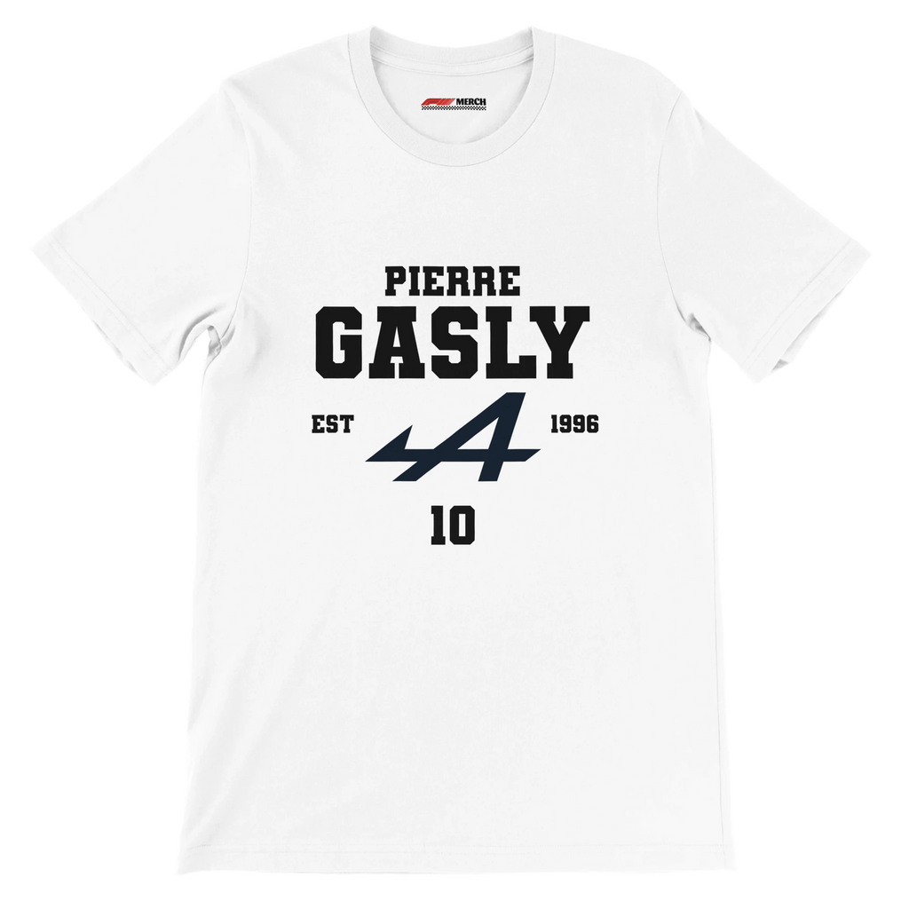f111 merch white color t-shirt with pierre-gasly branding.