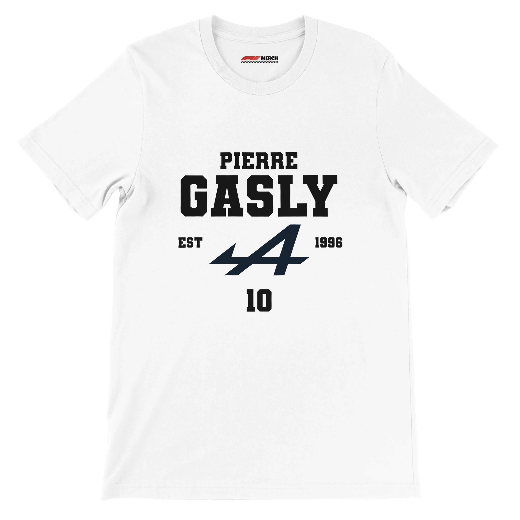 f111 merch white color t-shirt with pierre-gasly branding.