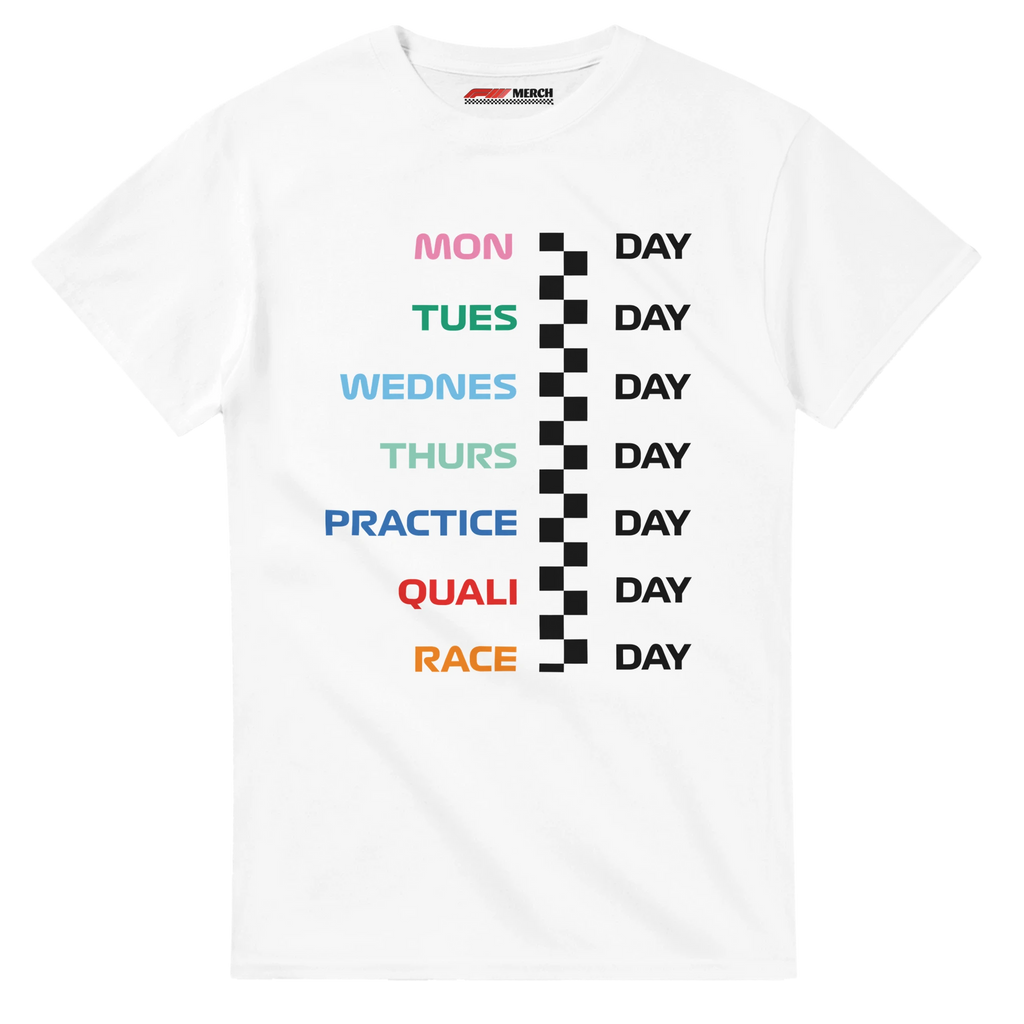 f111 merch white color t-shirt with race_week branding.