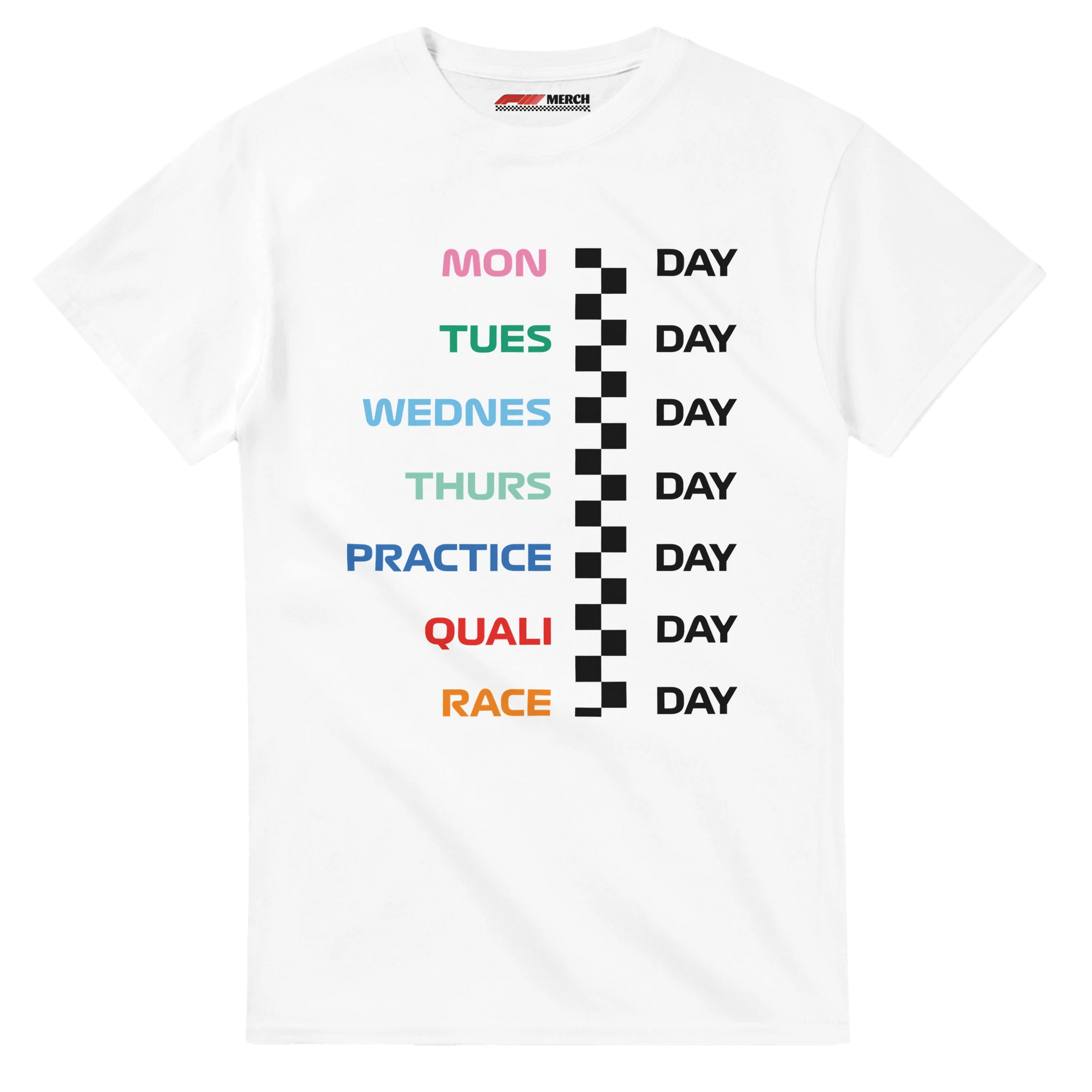 f111 merch white color t-shirt with race_week branding.