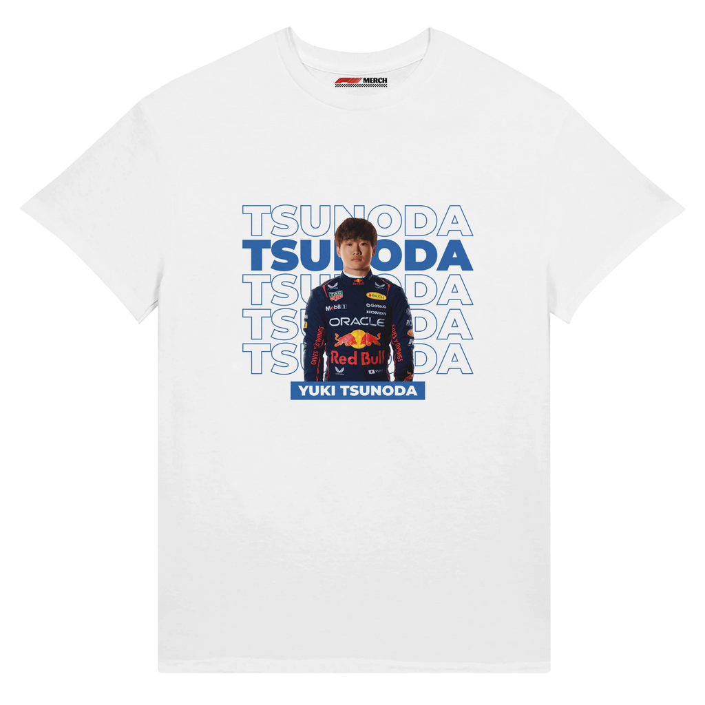 f111 merch white color t-shirt with tsunoda branding.