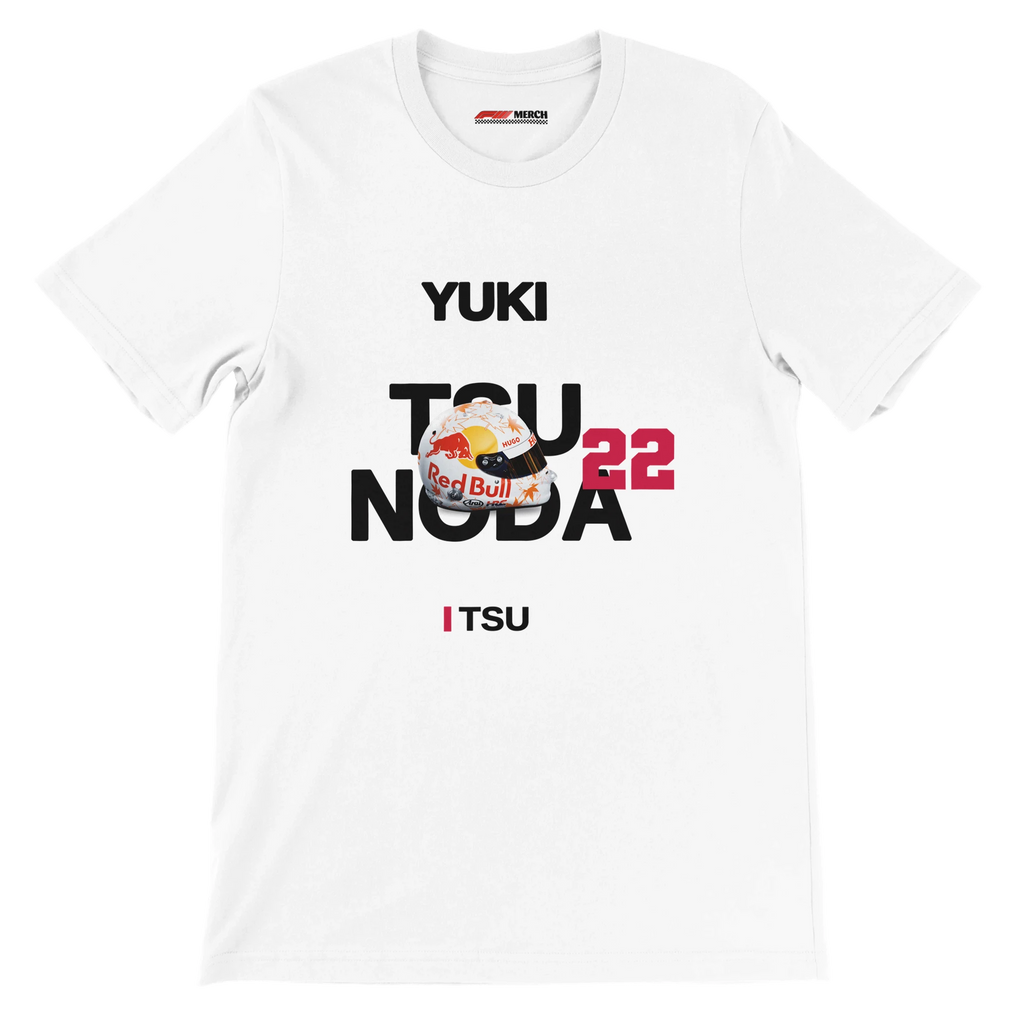 f111 merch white color t-shirt with tsunoda branding.