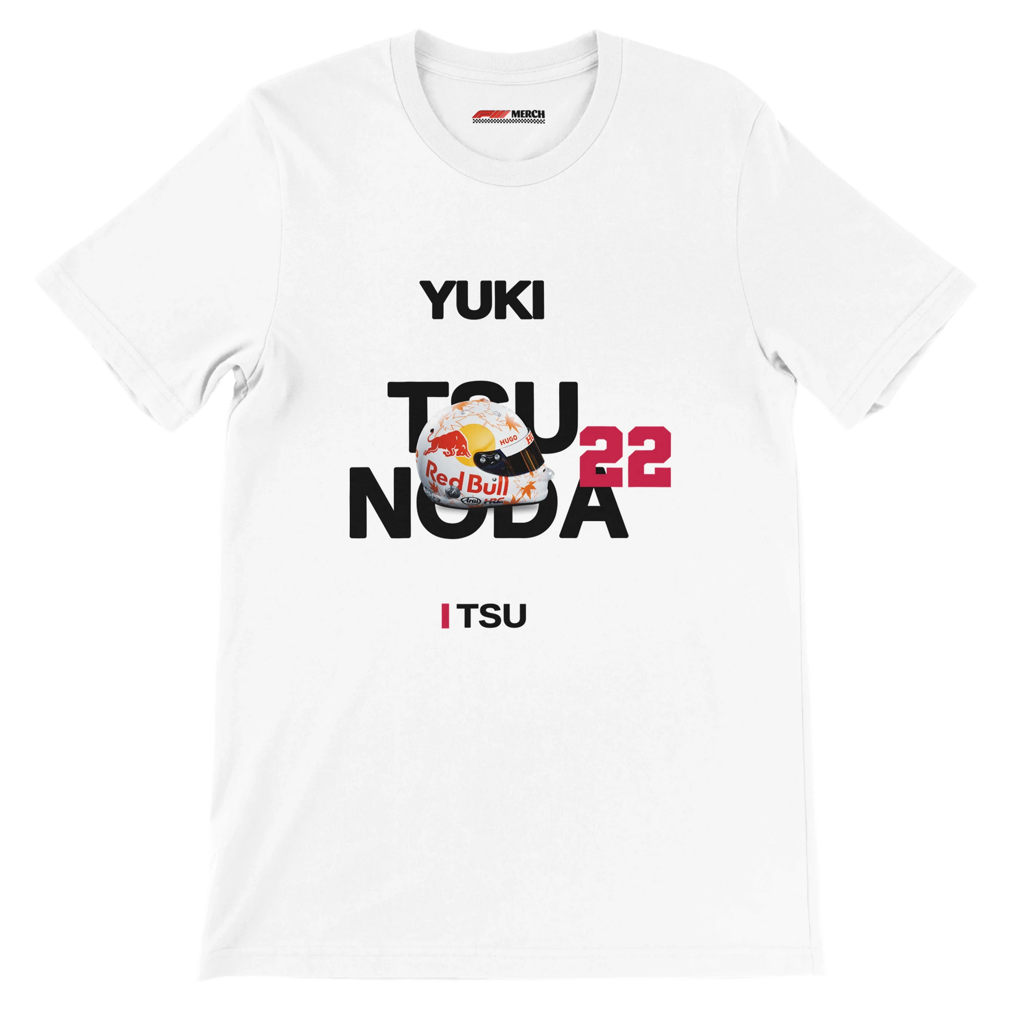 f111 merch white color t-shirt with tsunoda branding.