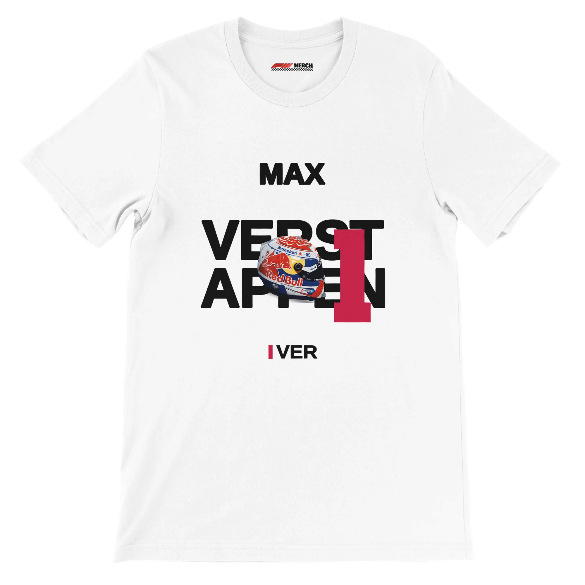 f111 merch white color t-shirt with verstappen branding.