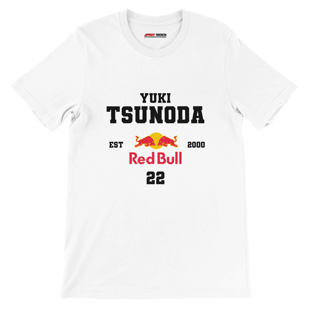f111 merch white color t-shirt with yuki-tsunoda branding.