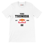 f111 merch white color t-shirt with yuki-tsunoda branding.