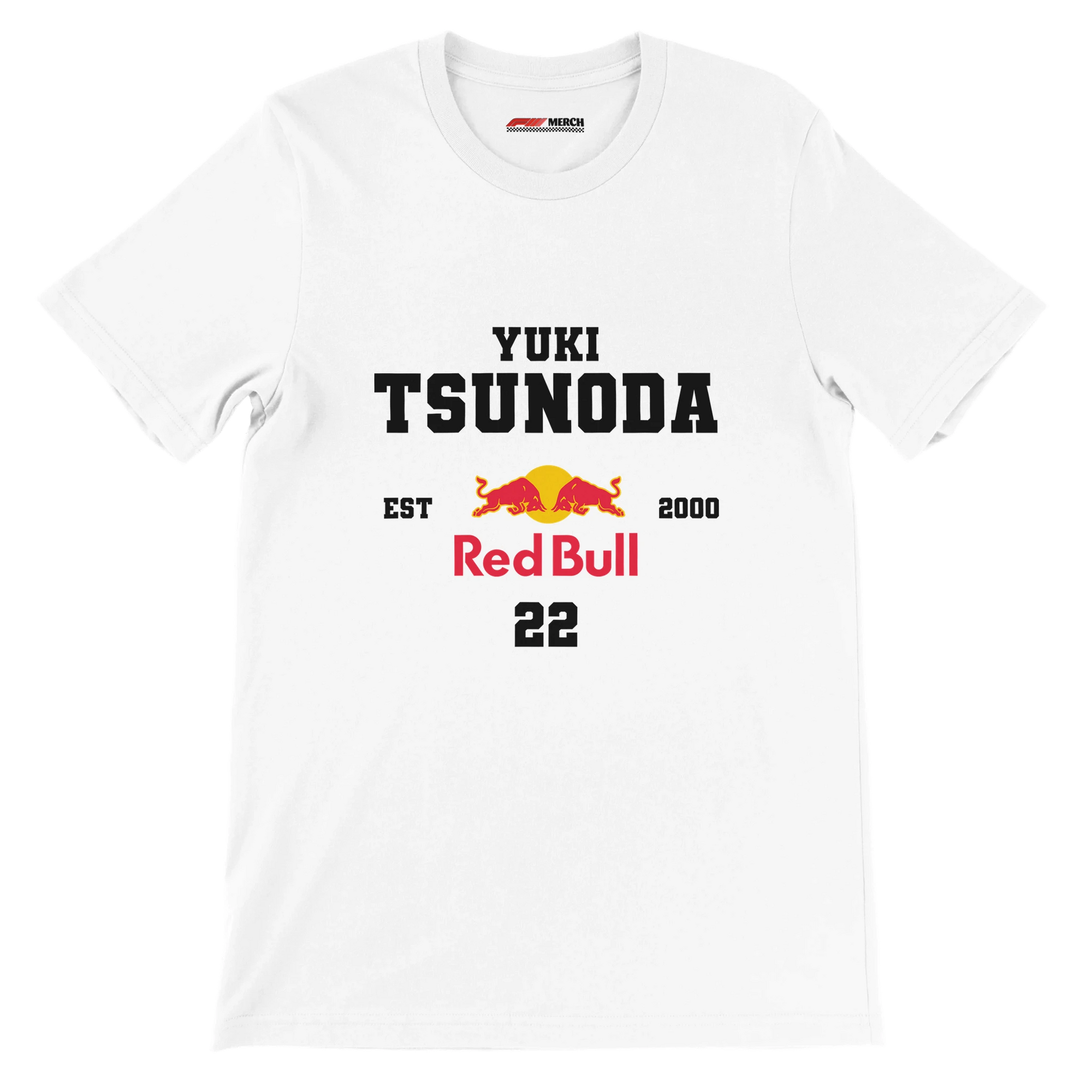f111 merch white color t-shirt with yuki-tsunoda branding.