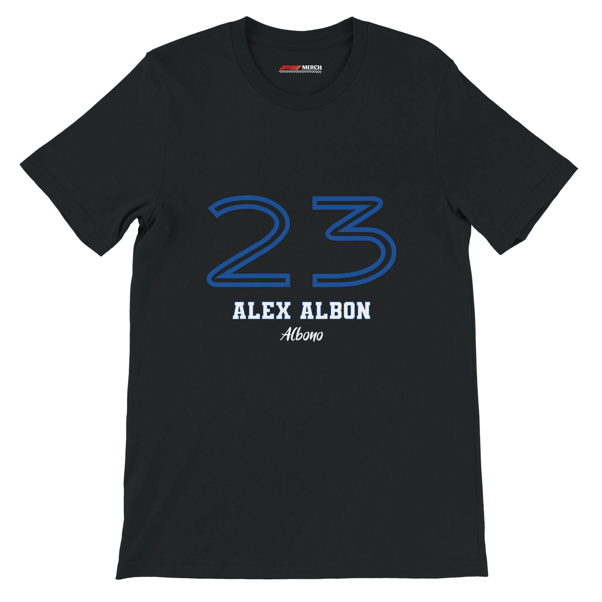 f111 merch black color t-shirt1 with alex-albon branding.