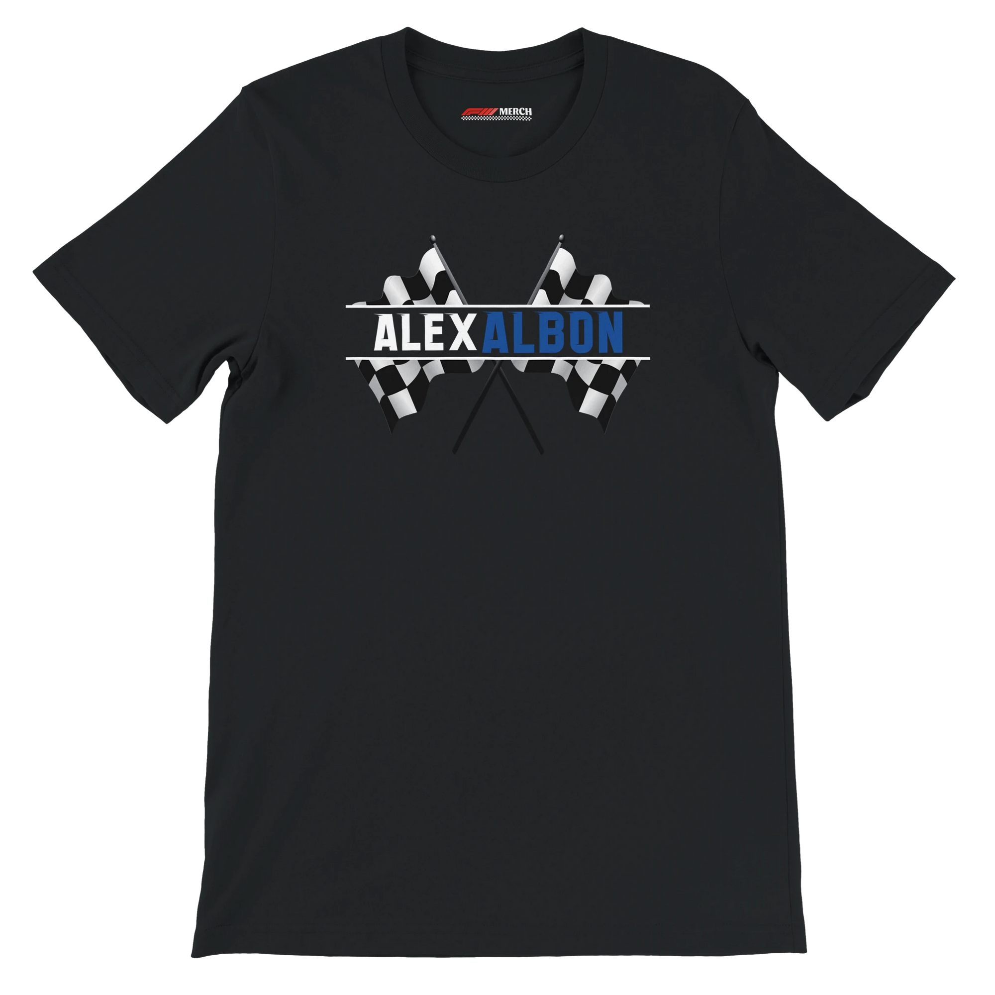 f111 merch black color t-shirt1 with alex-albon branding.