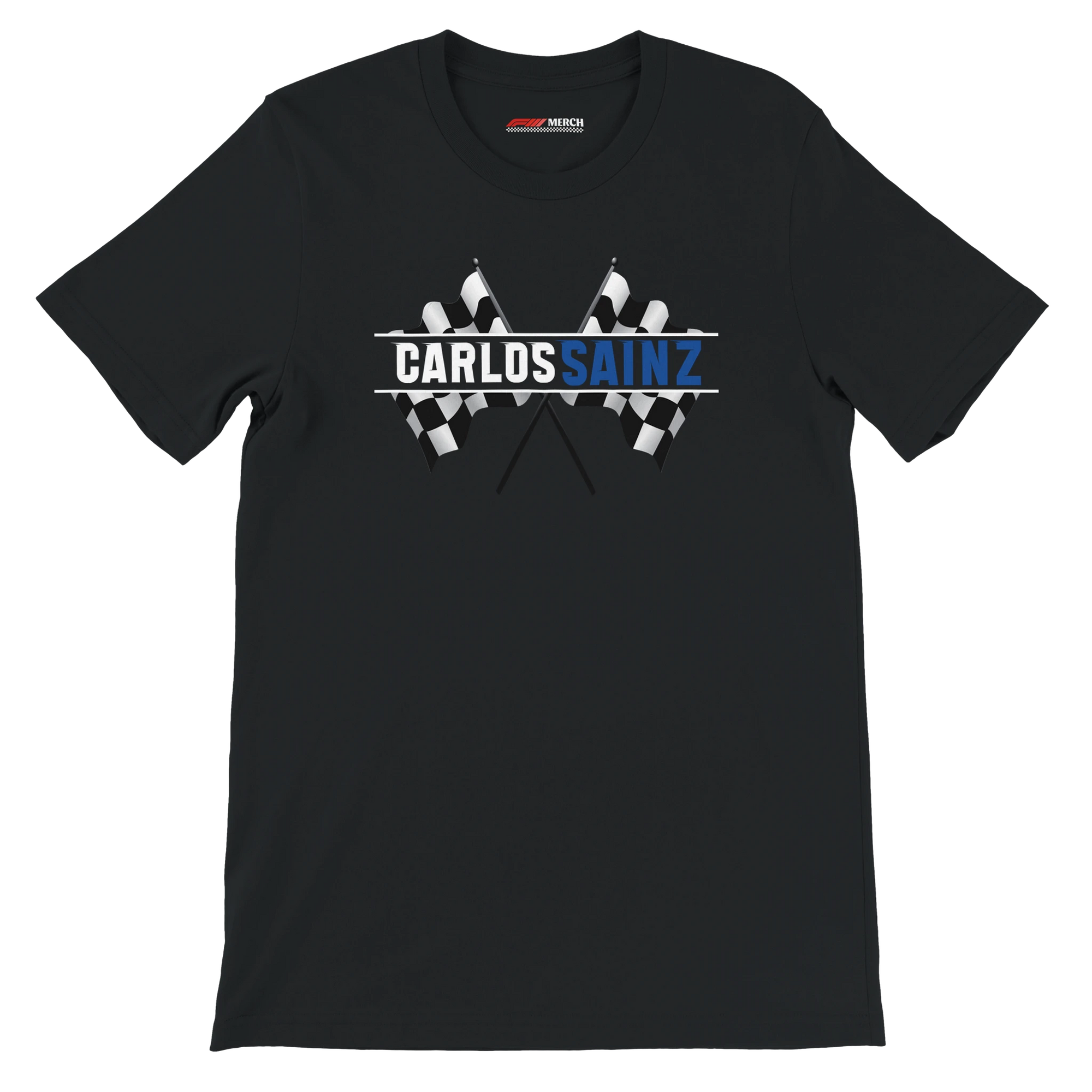 f111 merch black color t-shirt1 with carlos-sainz branding.