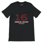 f111 merch black color t-shirt1 with charles-leclerc branding.