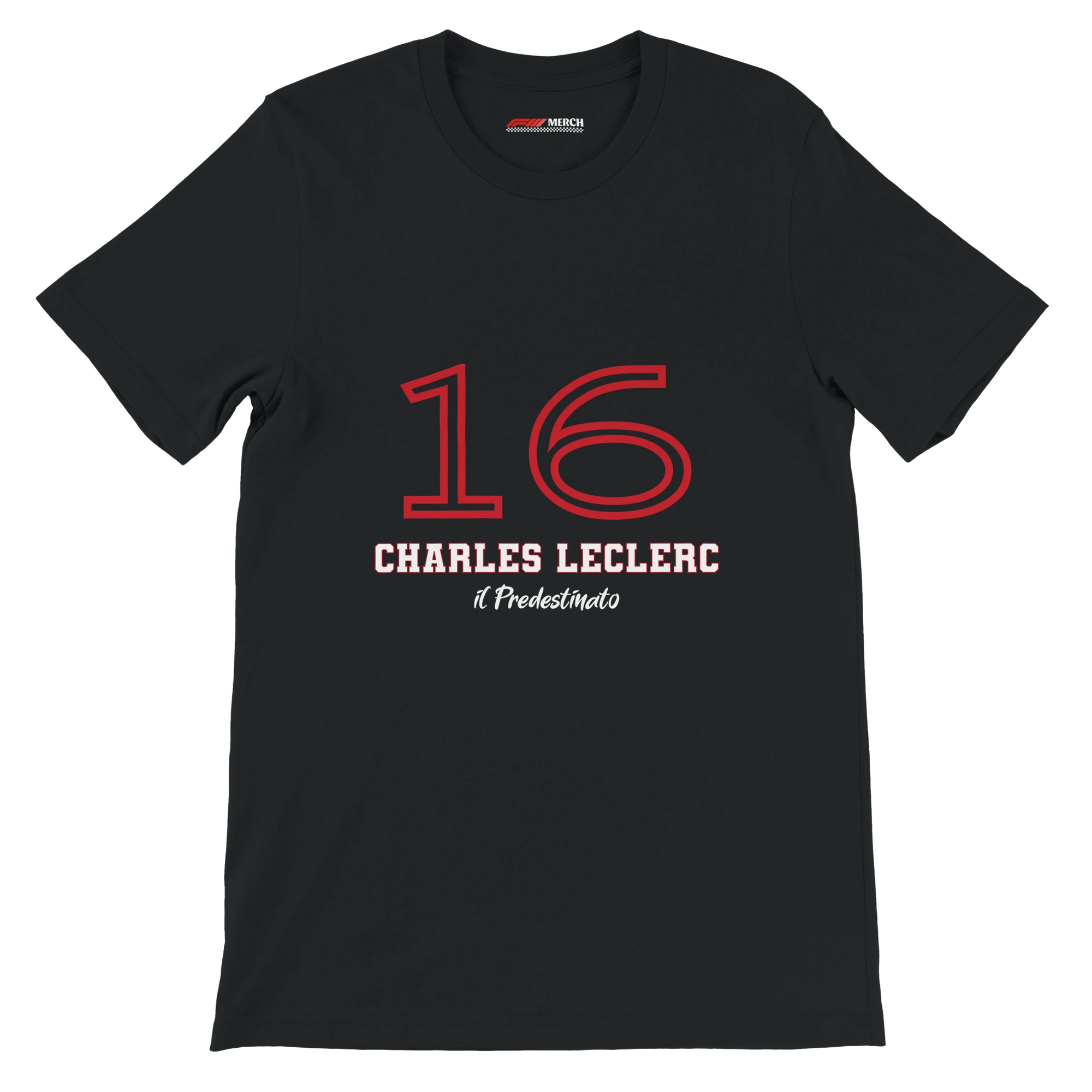 f111 merch black color t-shirt1 with charles-leclerc branding.