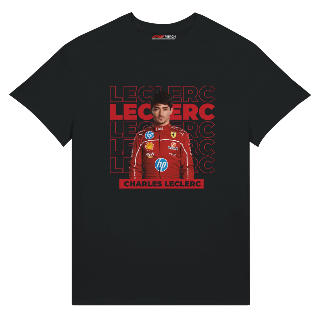f111 merch black color t-shirt1 with charles-leclerc branding.