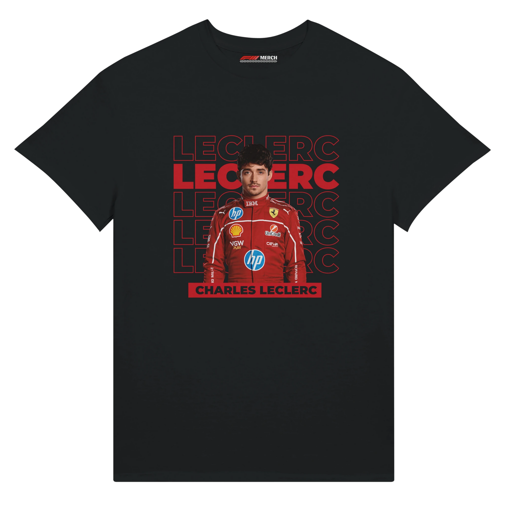 f111 merch black color t-shirt1 with charles-leclerc branding.