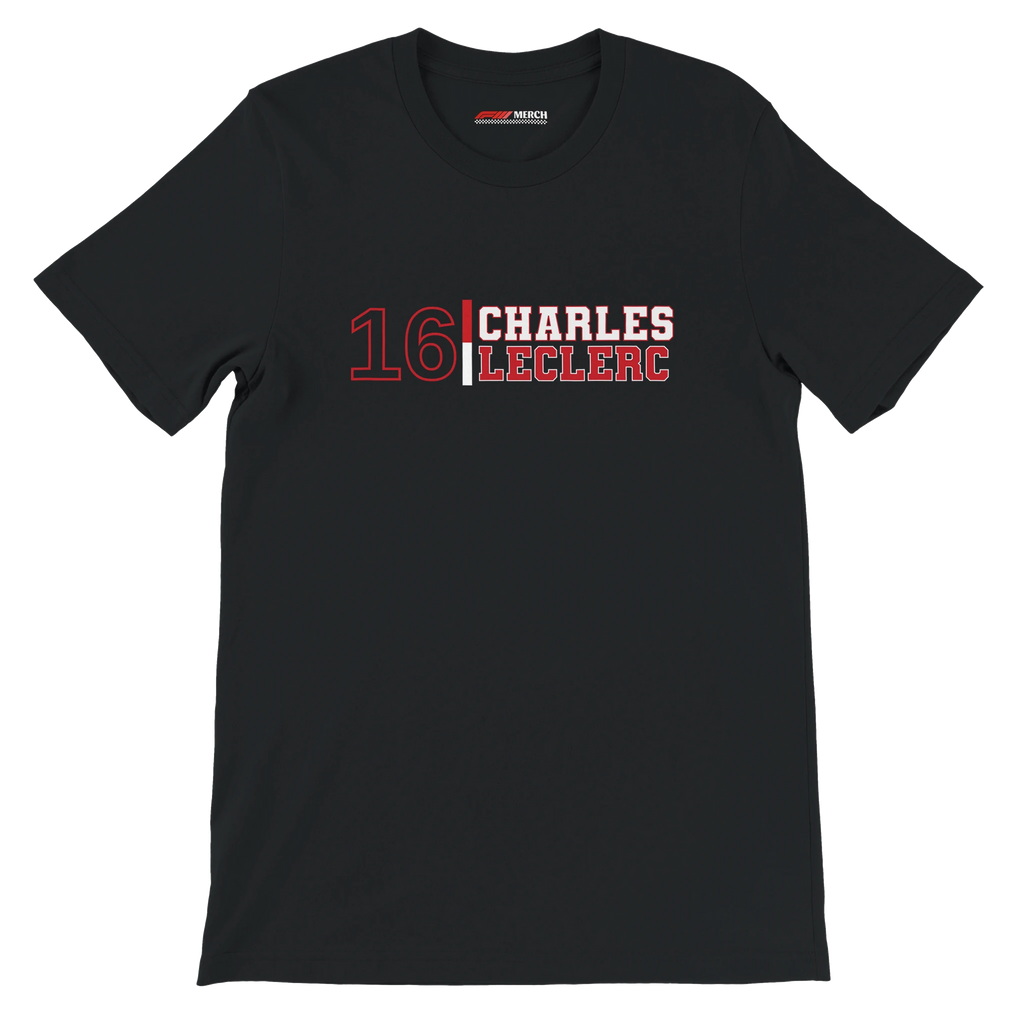f111 merch black color t-shirt1 with charles-leclerc branding.