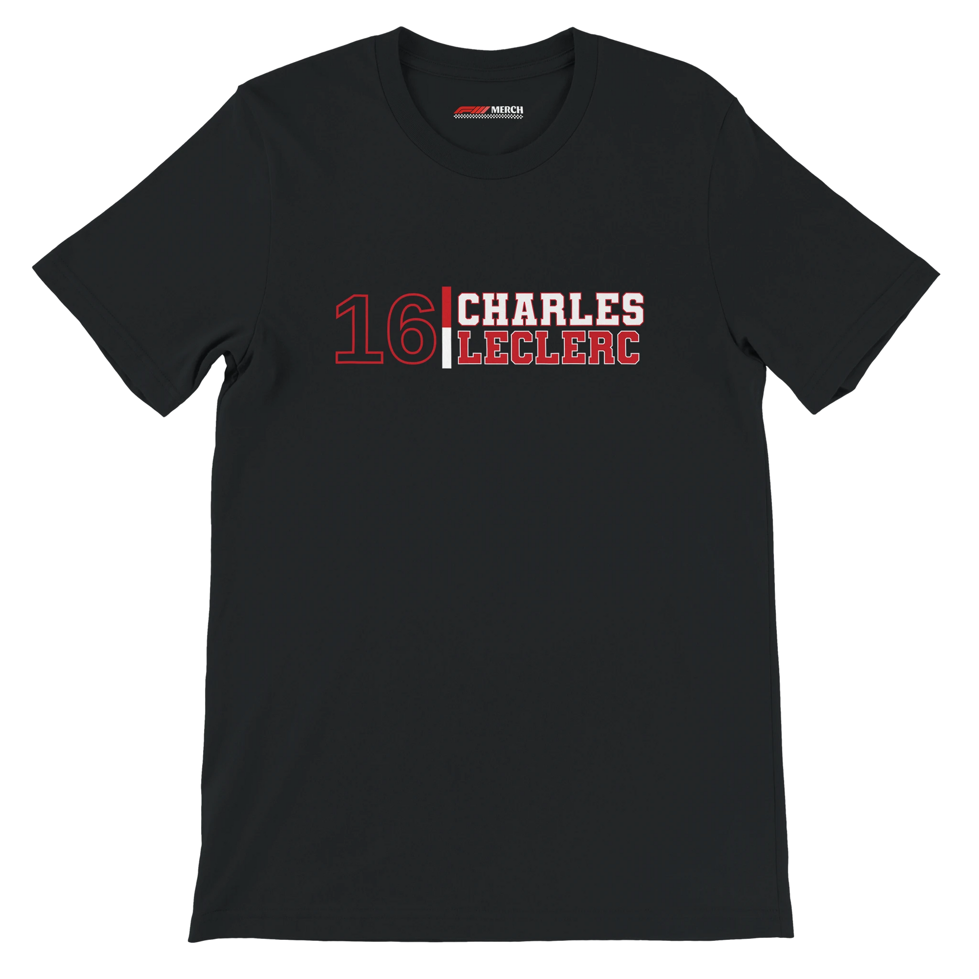 f111 merch black color t-shirt1 with charles-leclerc branding.