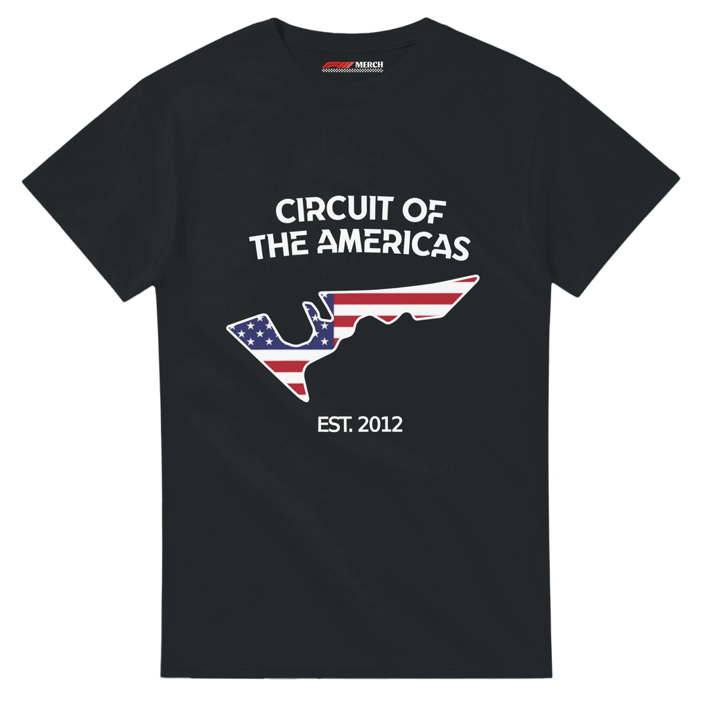 f111 merch black color t-shirt1 with circuit-of-the-americas branding.