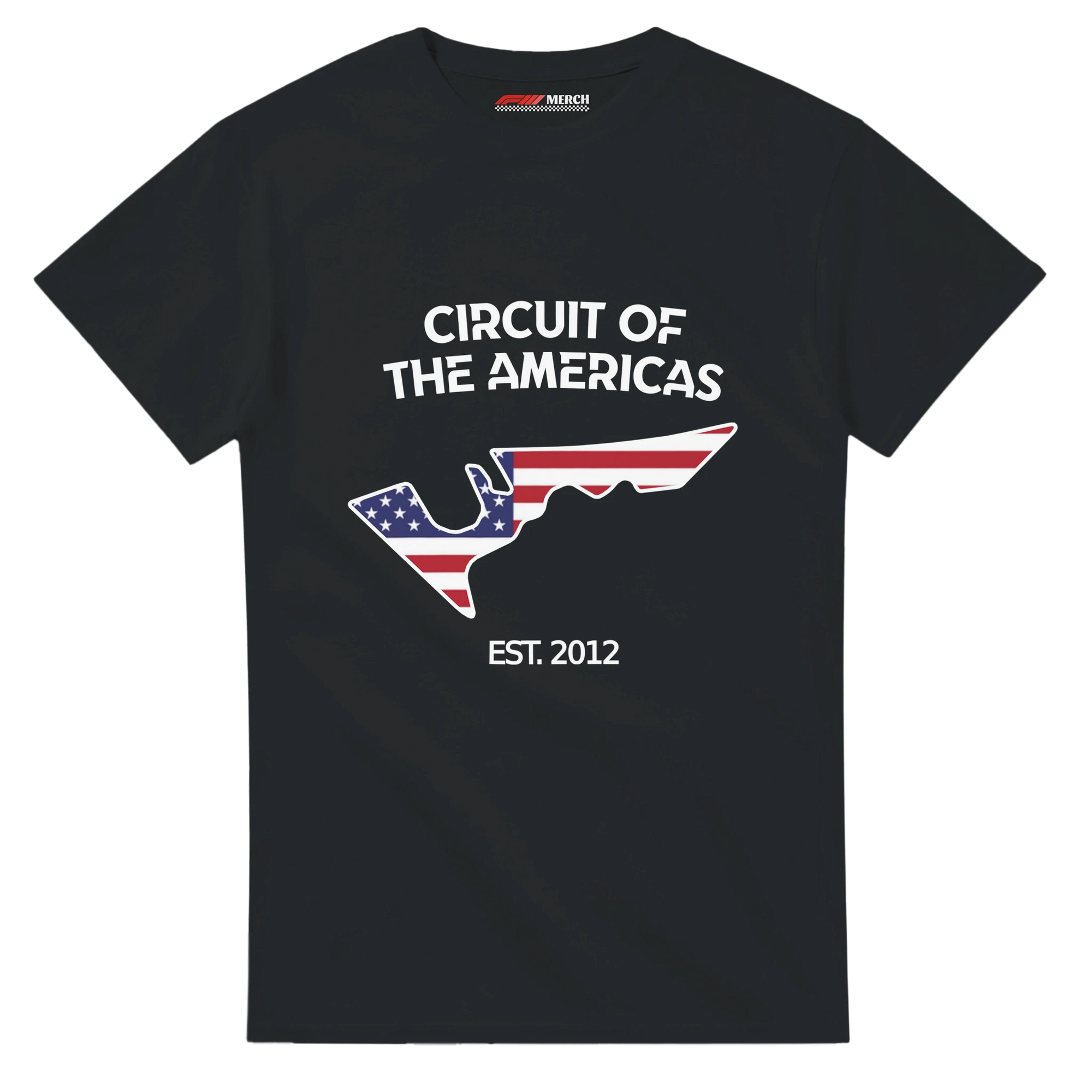 f111 merch black color t-shirt1 with circuit-of-the-americas branding.