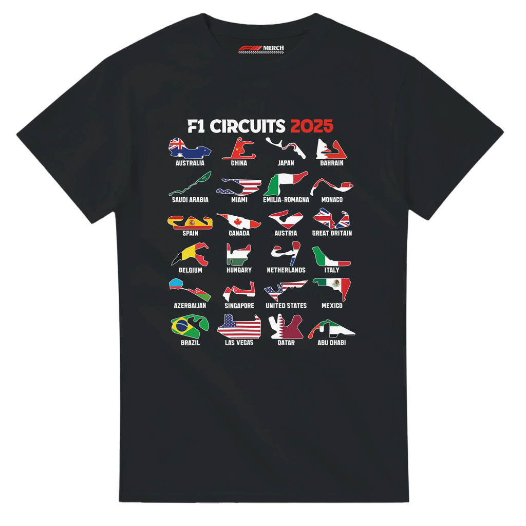 f111 merch black color t-shirt1 with f1-circuits-2025-v2 branding.