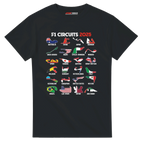f111 merch black color t-shirt1 with f1-circuits-2025-v2 branding.