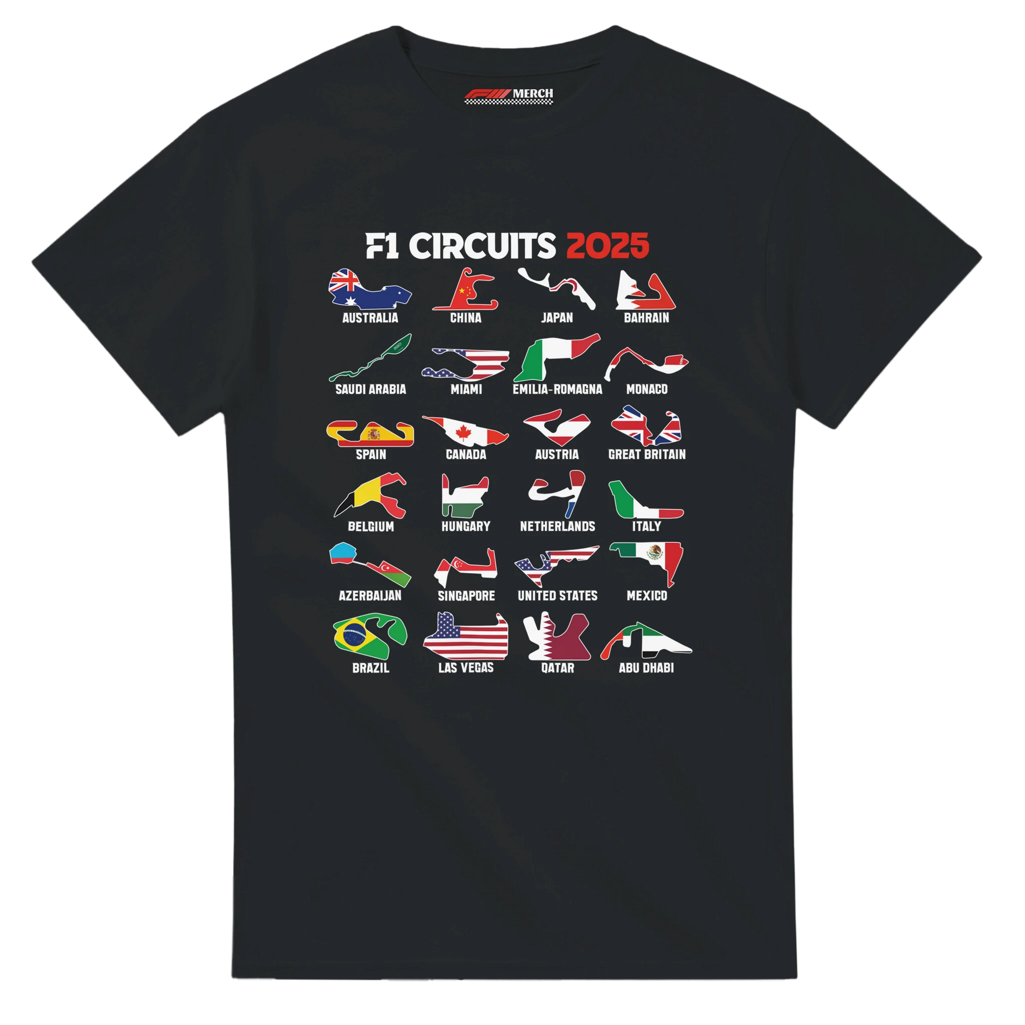 f111 merch black color t-shirt1 with f1-circuits-2025-v2 branding.
