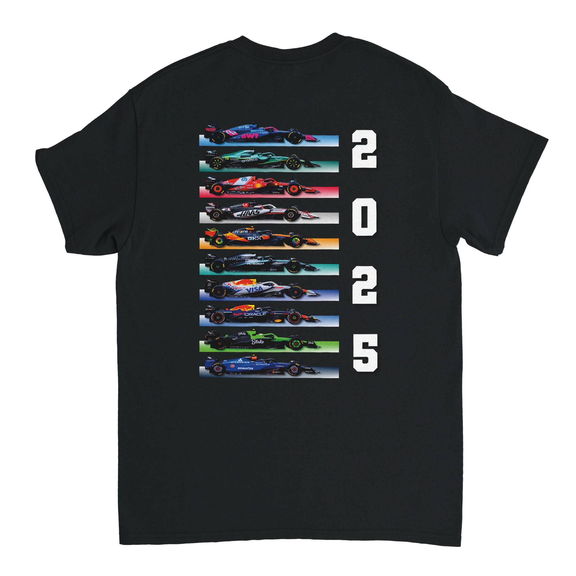 f111 merch black color t-shirt1 with f1-teams-2025 branding.