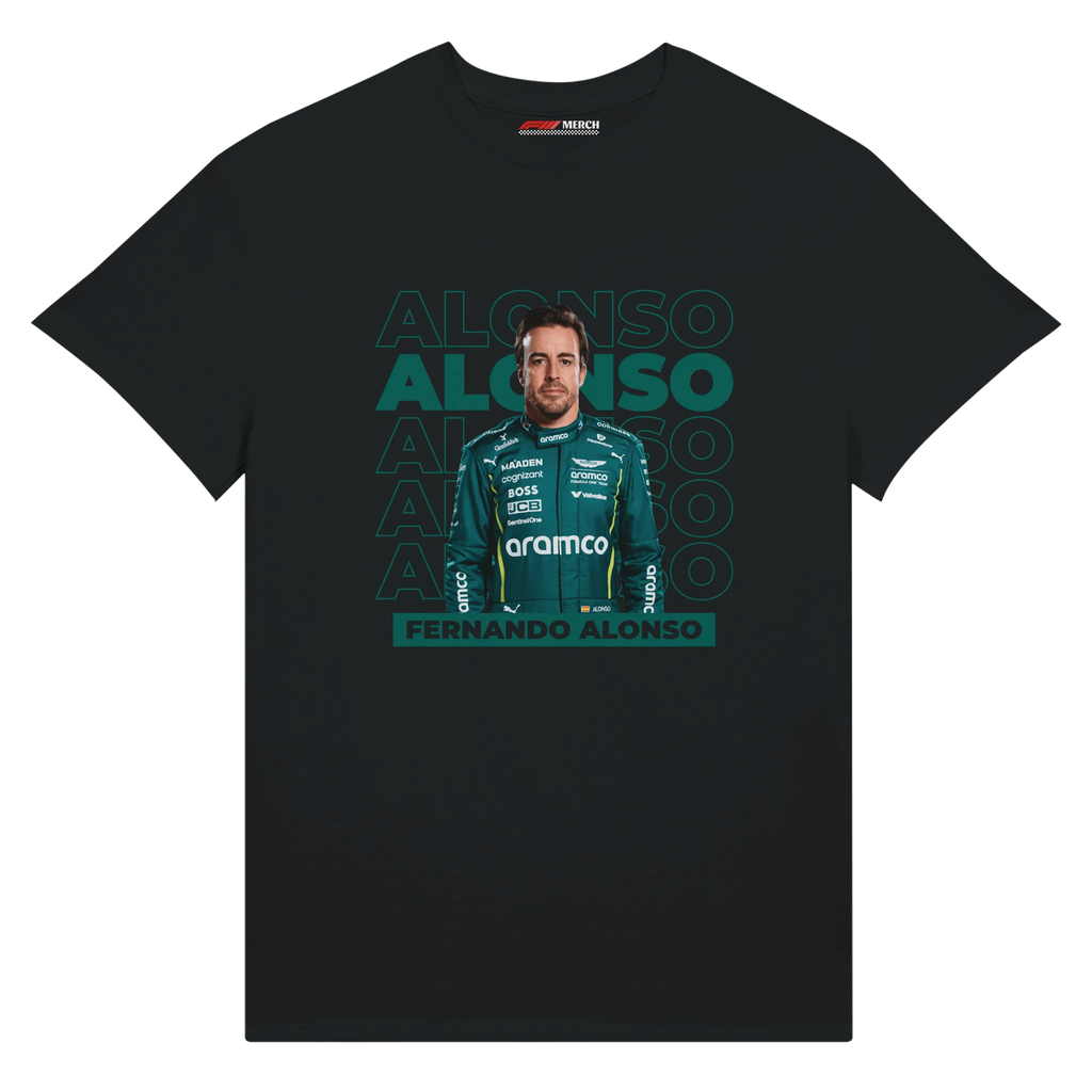 f111 merch black color t-shirt1 with fernando-alonso branding.