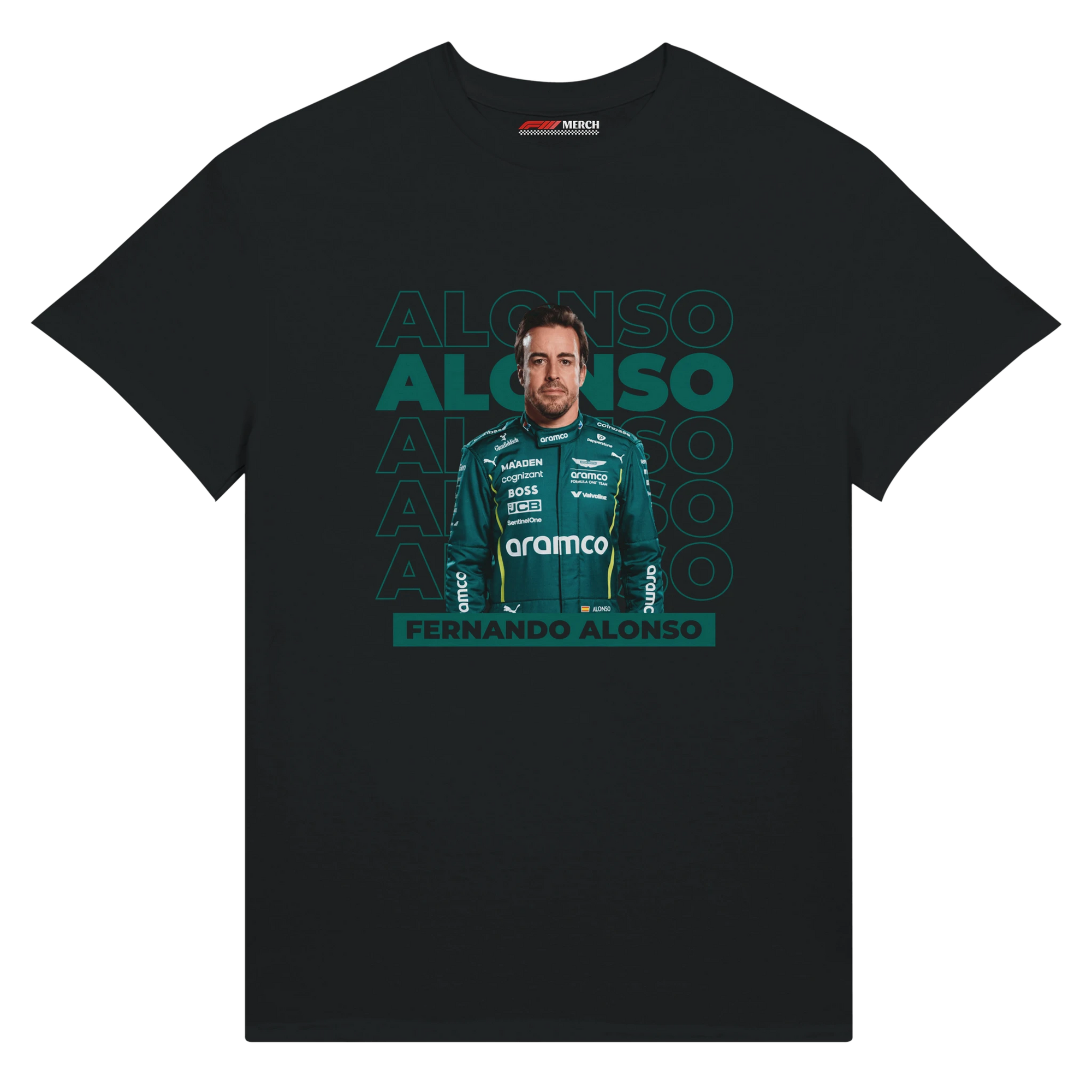 f111 merch black color t-shirt1 with fernando-alonso branding.