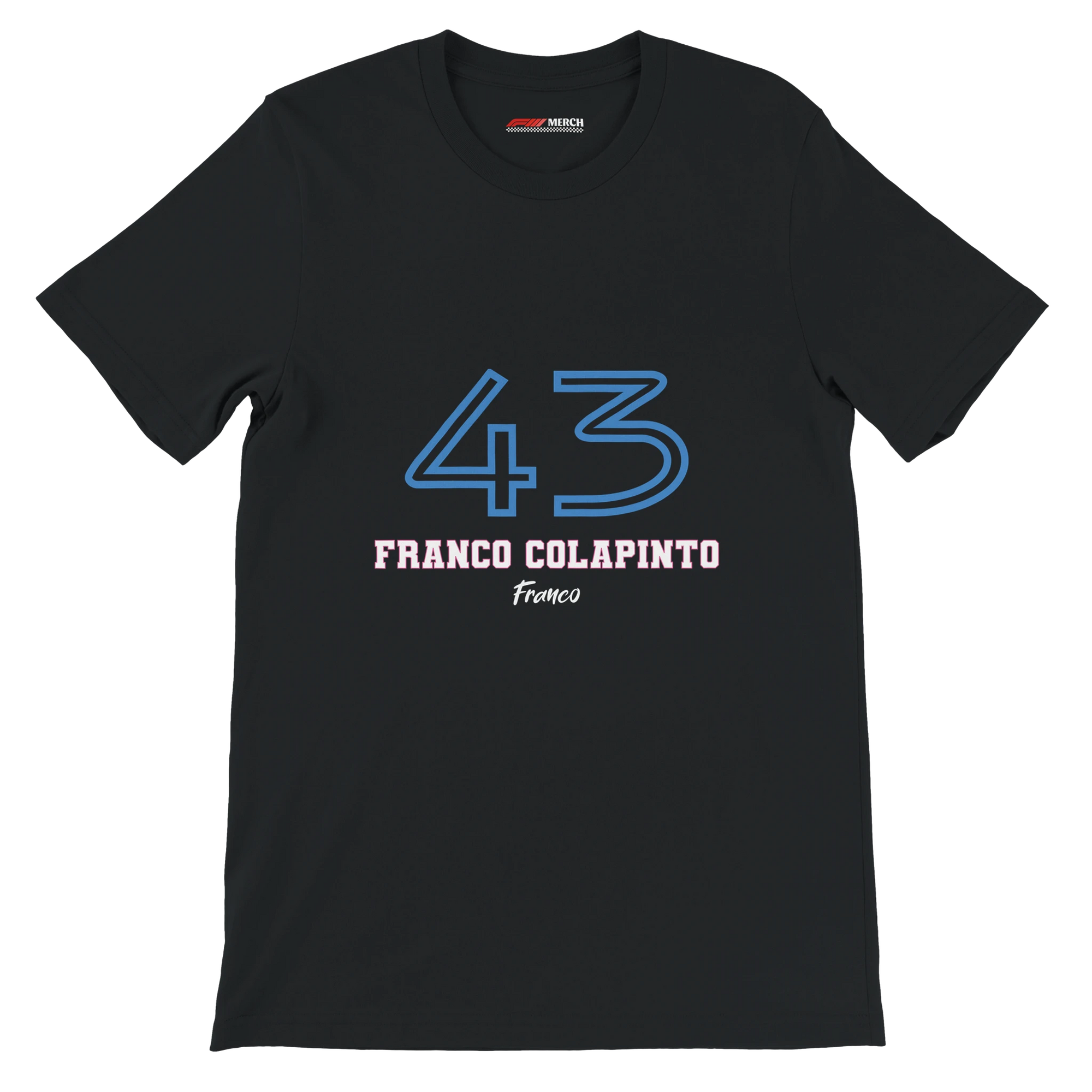 f111 merch black color t-shirt1 with franco-colapinto branding.