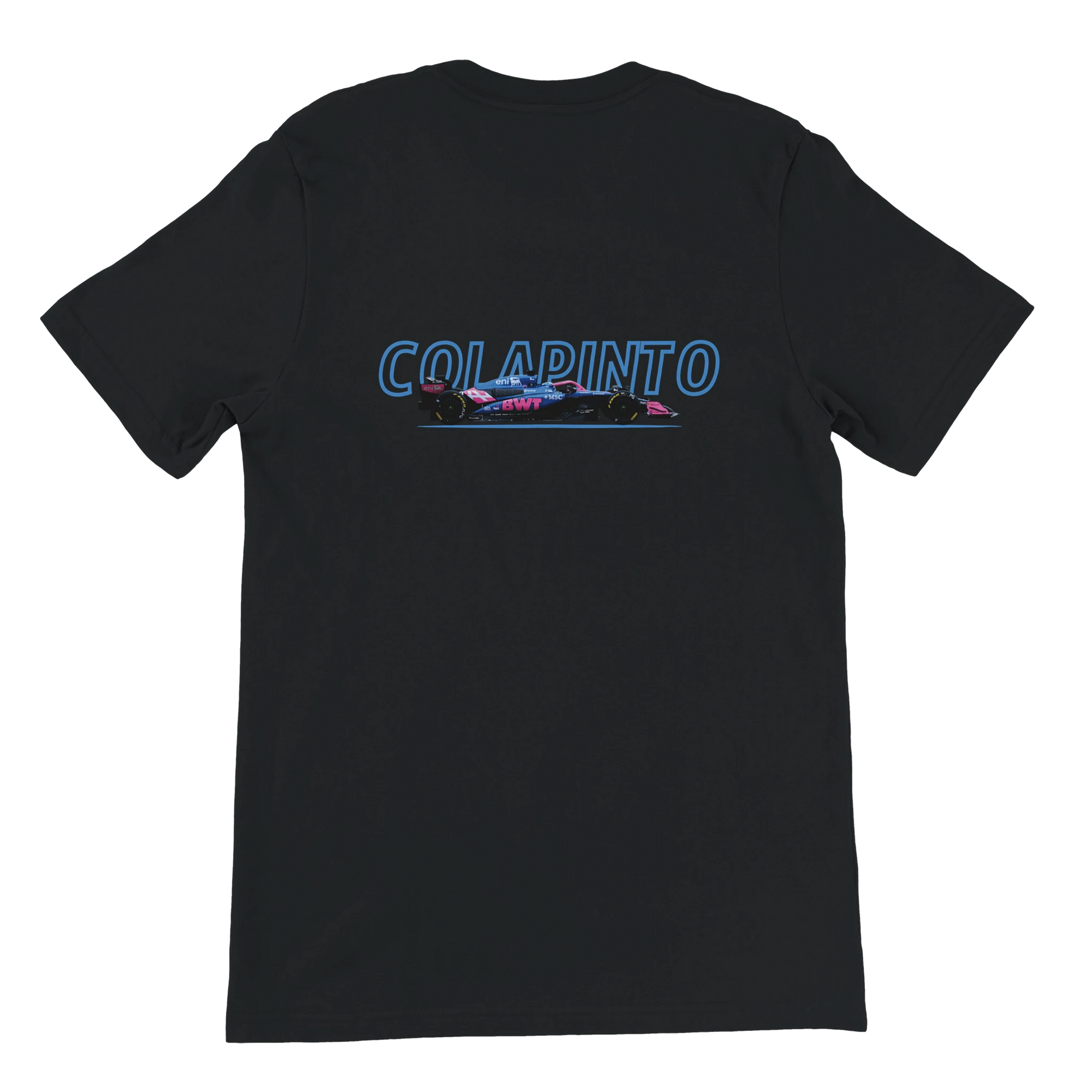 f111 merch black color t-shirt1 with franco-colapinto branding.