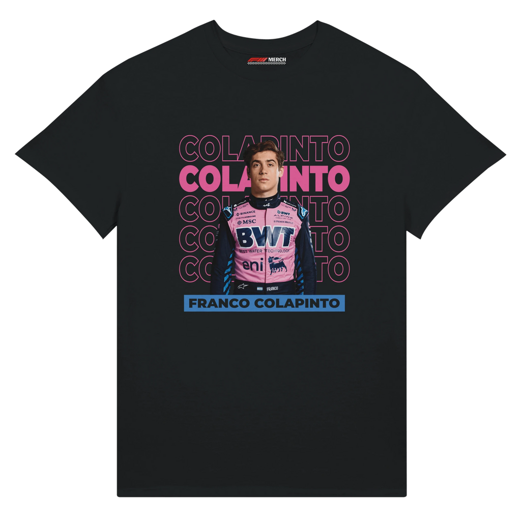 f111 merch black color t-shirt1 with franco-colapinto branding.