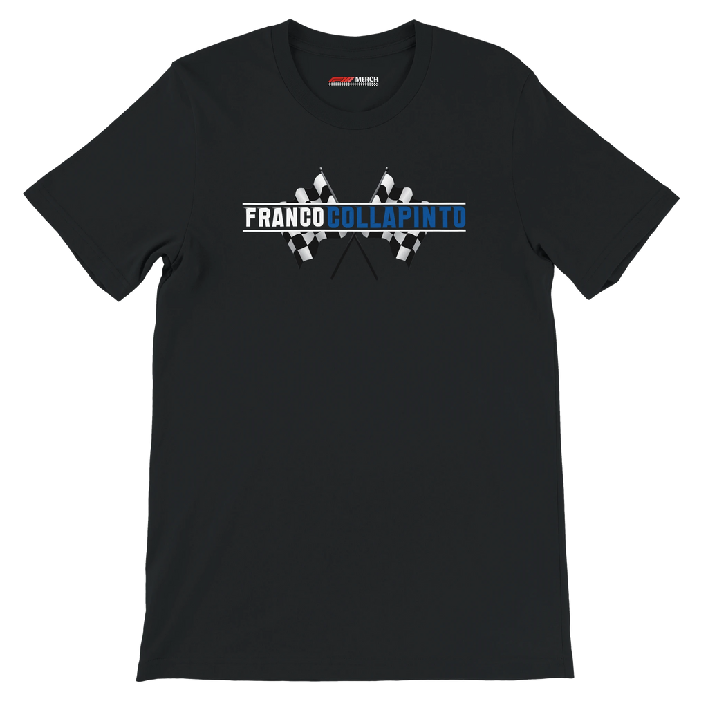f111 merch black color t-shirt1 with franco-colapinto branding.