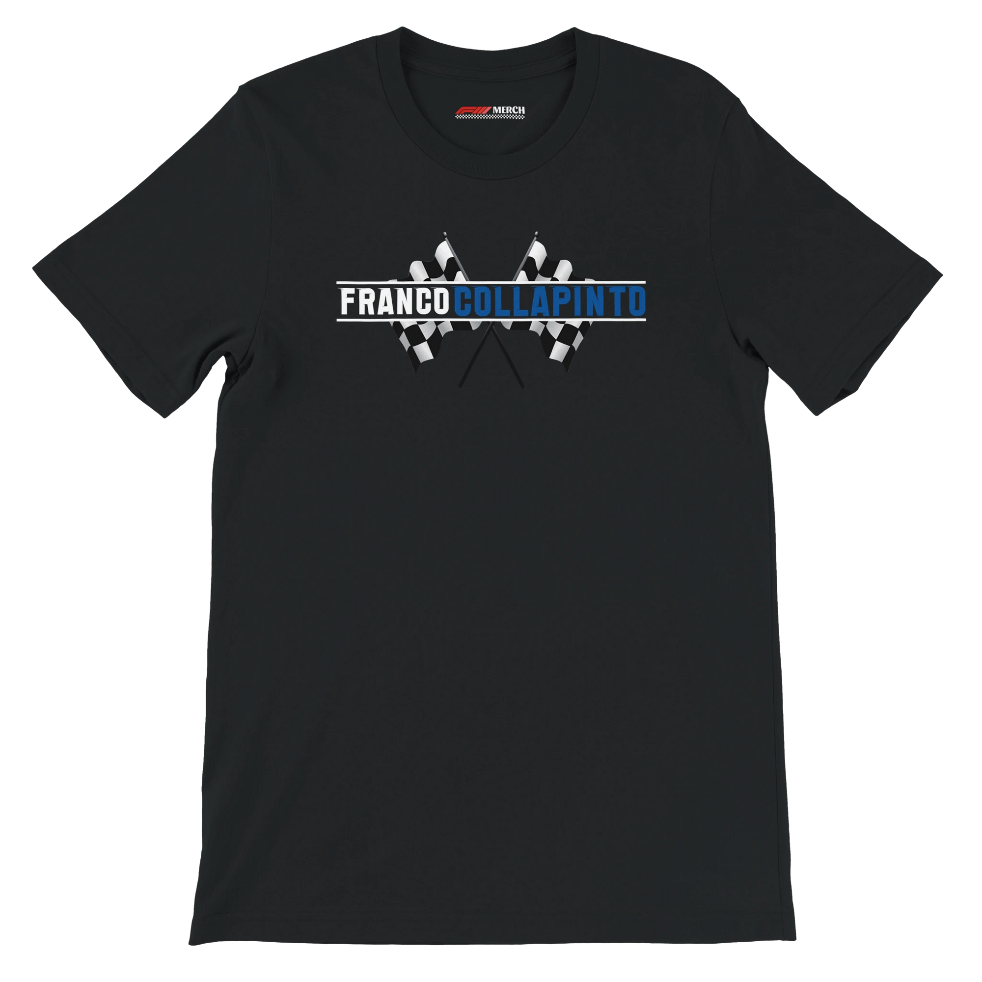 f111 merch black color t-shirt1 with franco-colapinto branding.