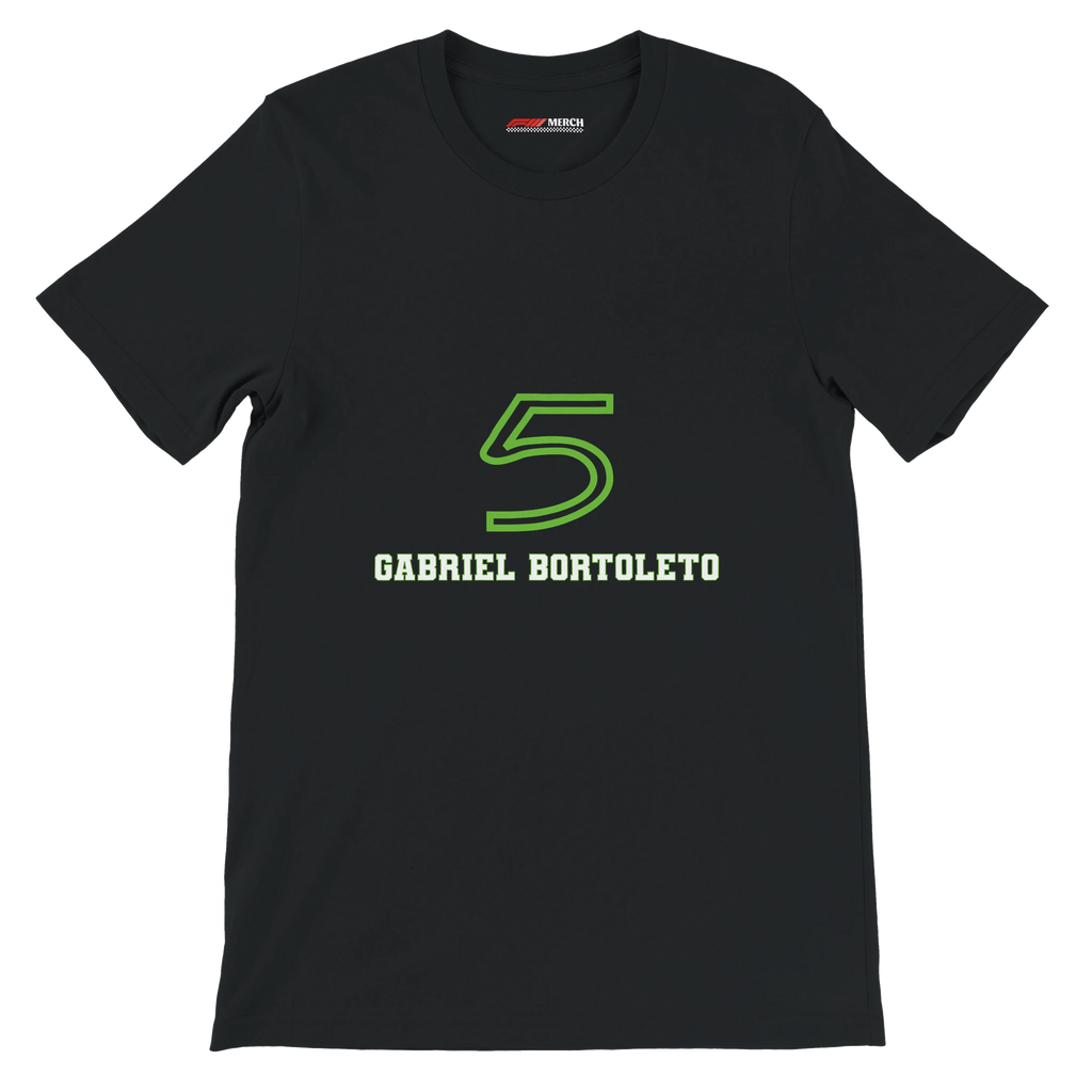 f111 merch black color t-shirt1 with gabriel-bortoleto branding.
