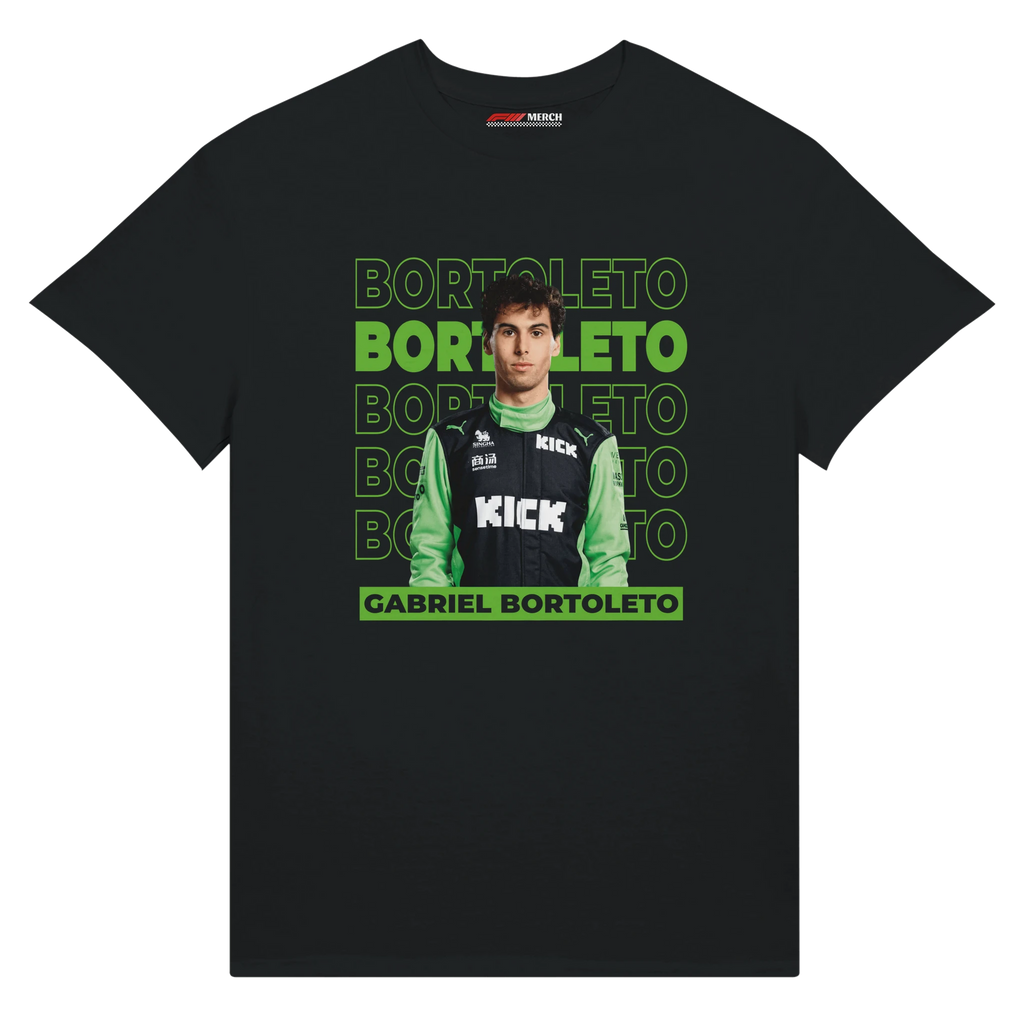 f111 merch black color t-shirt1 with gabriel-bortoleto branding.