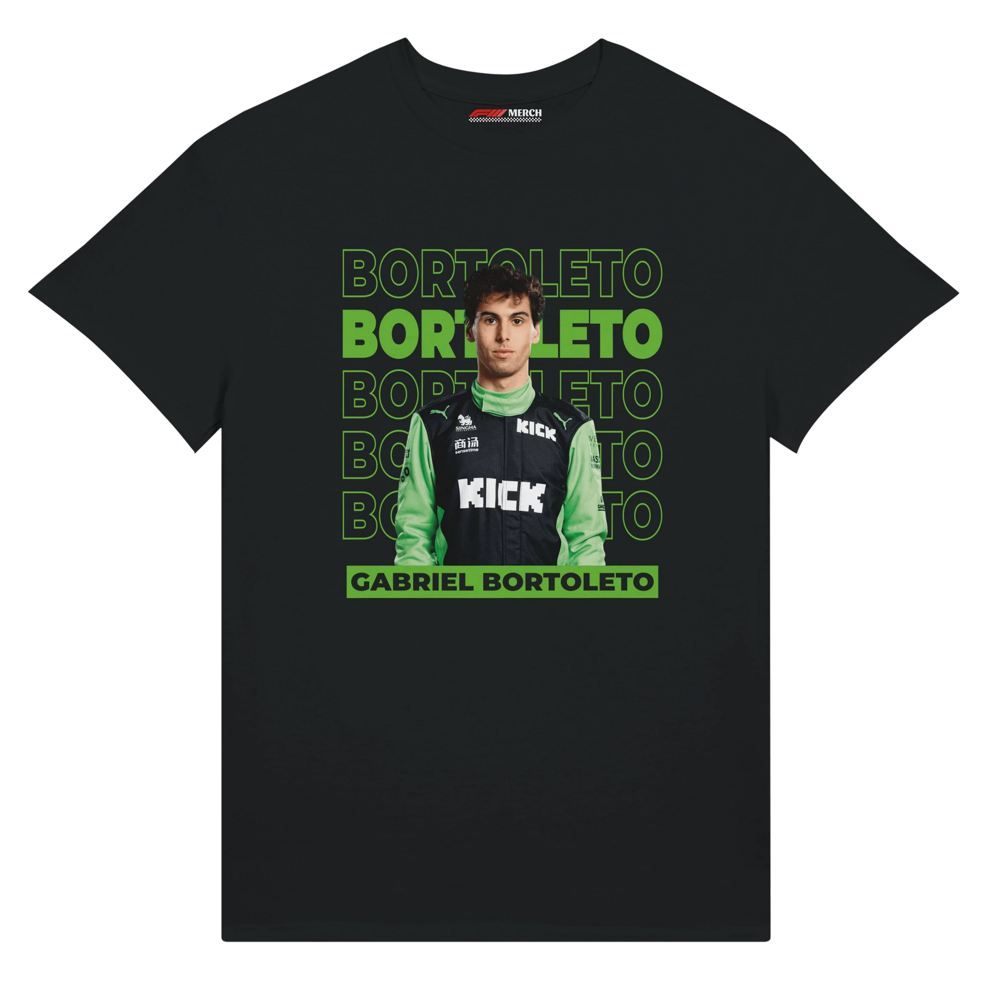f111 merch black color t-shirt1 with gabriel-bortoleto branding.