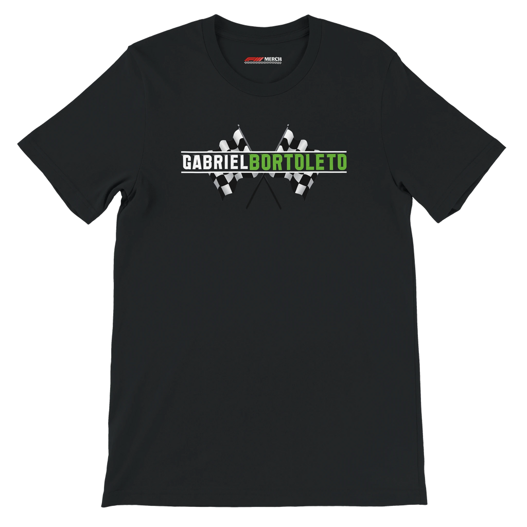 f111 merch black color t-shirt1 with gabriel-bortoleto branding.