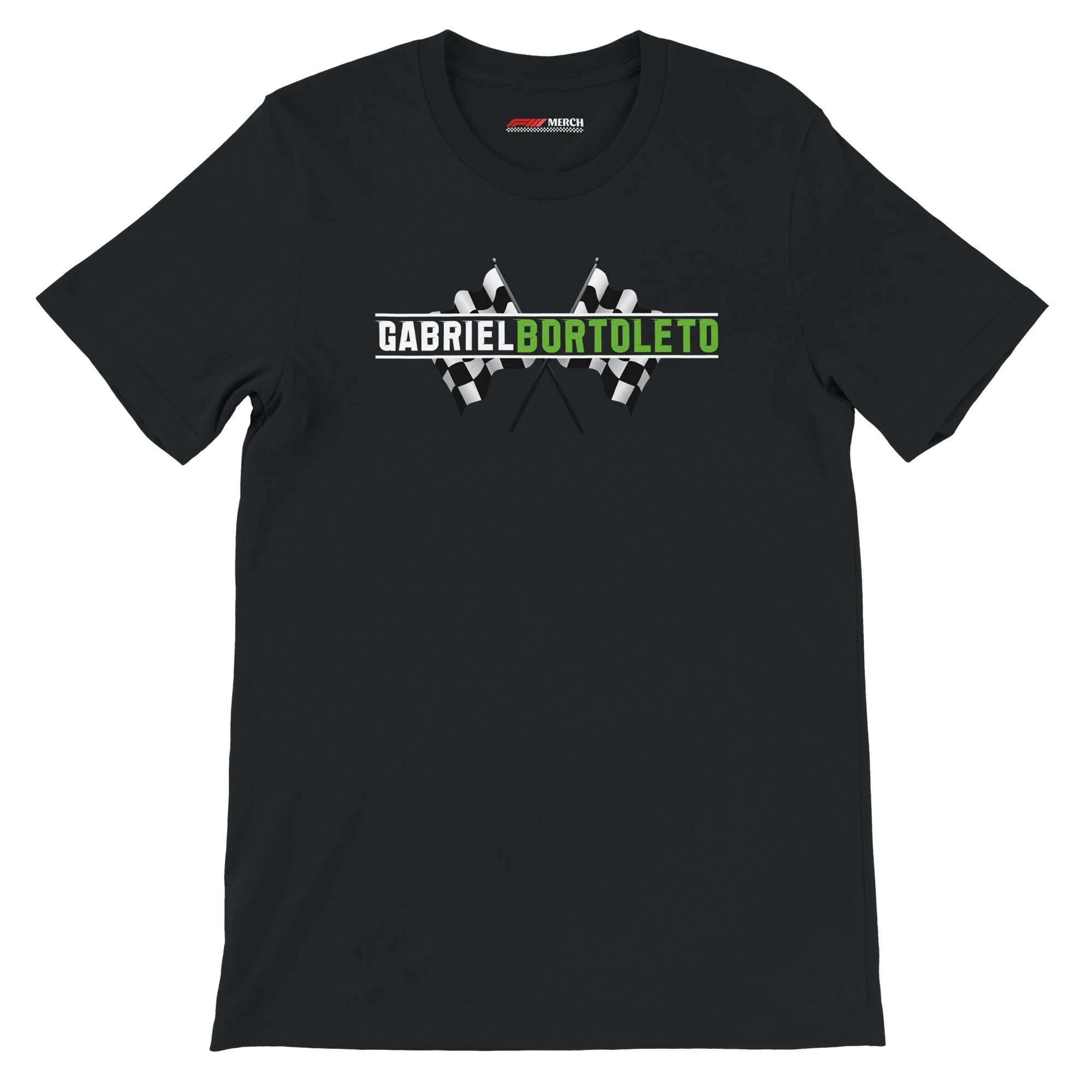 f111 merch black color t-shirt1 with gabriel-bortoleto branding.