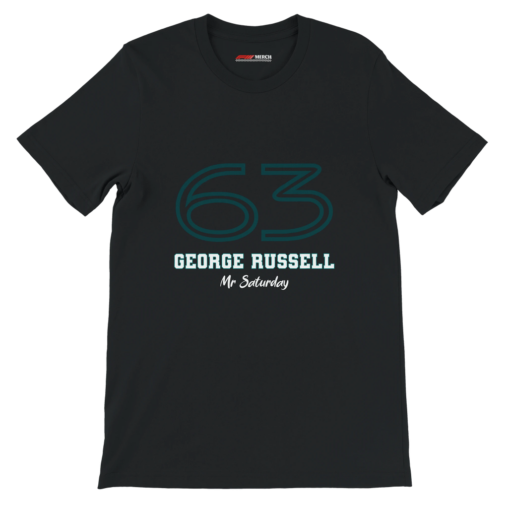 f111 merch black color t-shirt1 with george-russell branding.