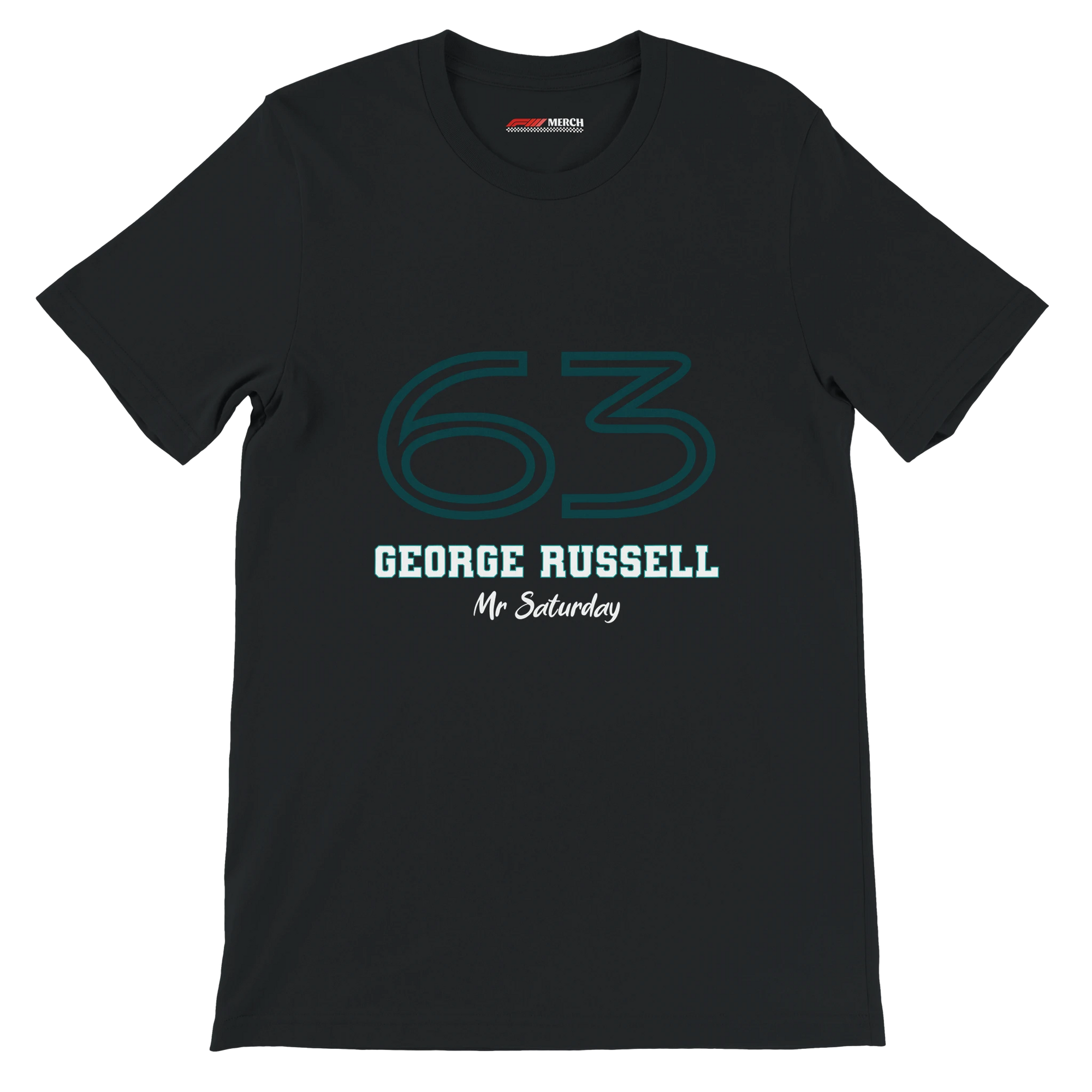 f111 merch black color t-shirt1 with george-russell branding.