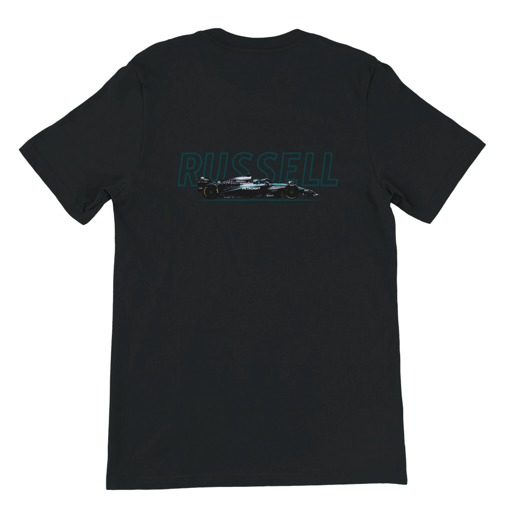 f111 merch black color t-shirt1 with george-russell branding.