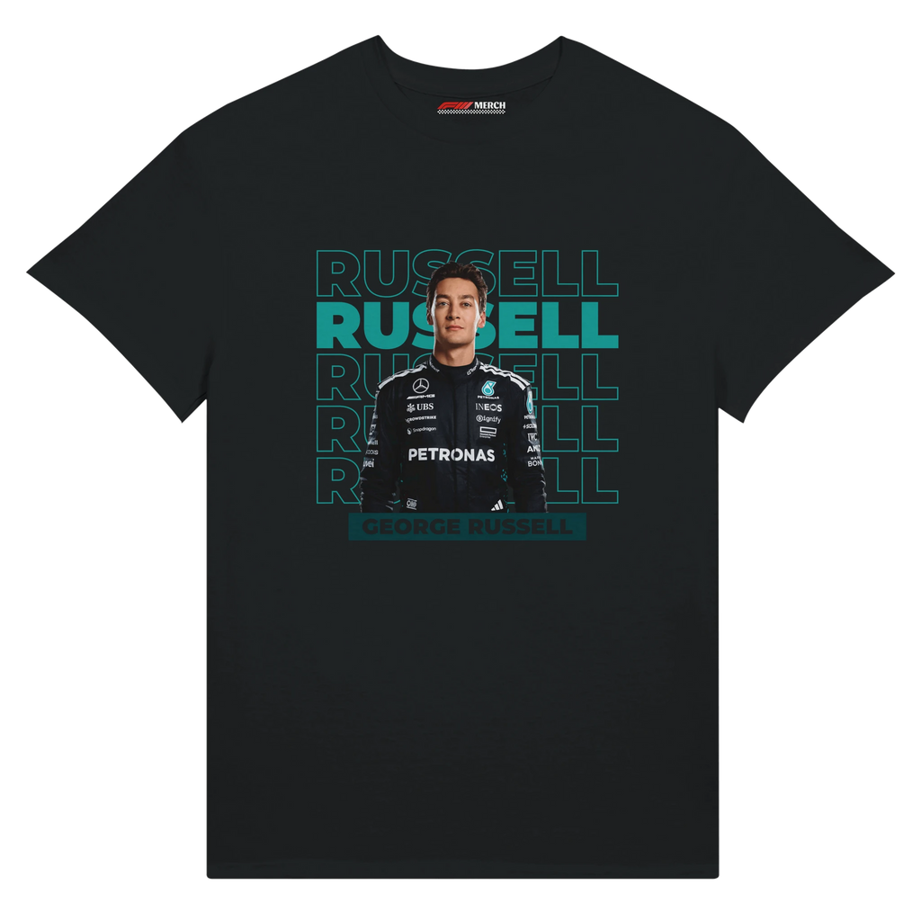 f111 merch black color t-shirt1 with george-russell branding.