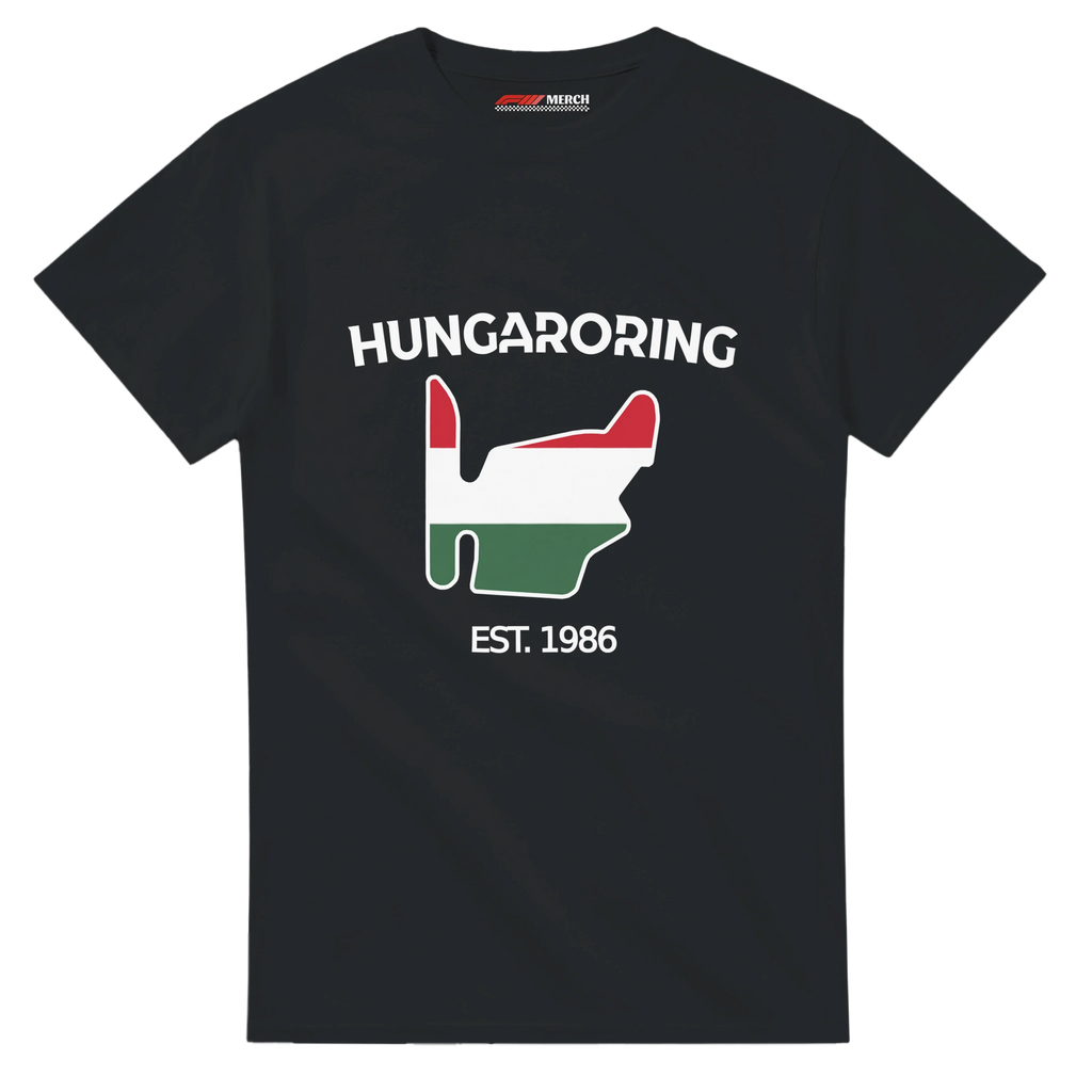 f111 merch black color t-shirt1 with hungaroring branding.