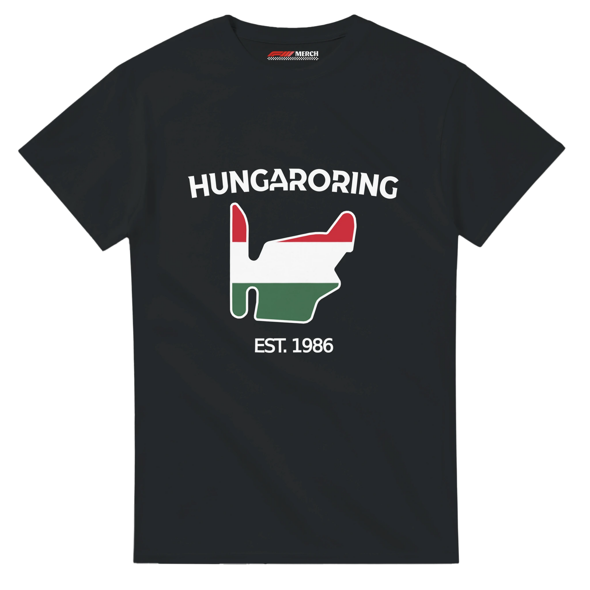 f111 merch black color t-shirt1 with hungaroring branding.