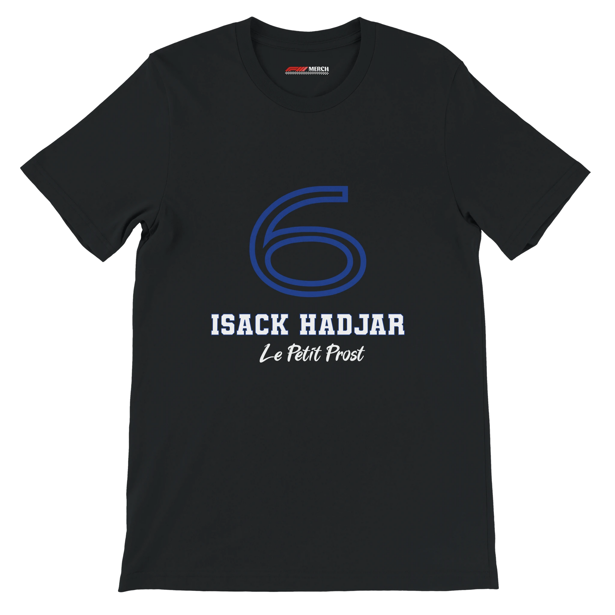 f111 merch black color t-shirt1 with isack-hadjar branding.