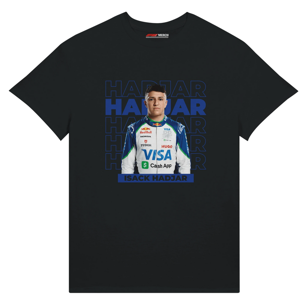 f111 merch black color t-shirt1 with isack-hadjar branding.