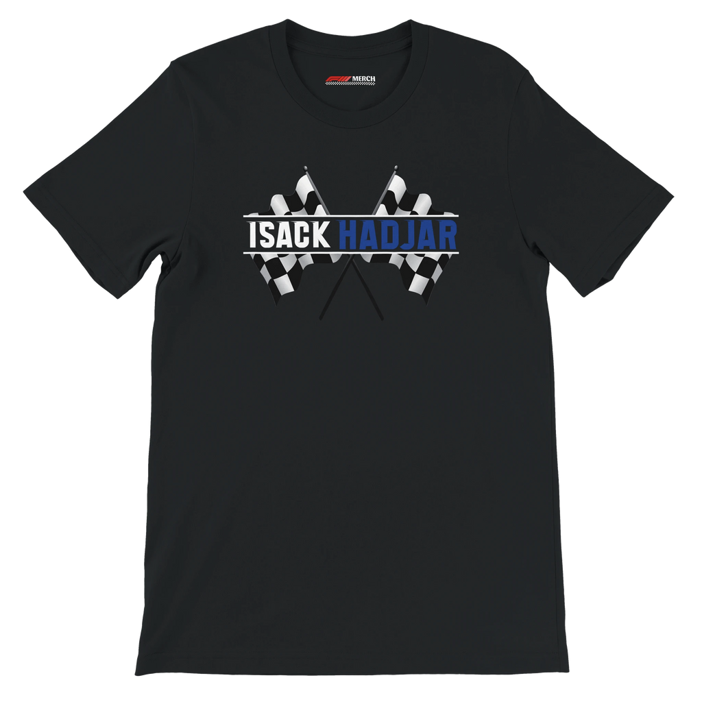 f111 merch black color t-shirt1 with isack-hadjar branding.