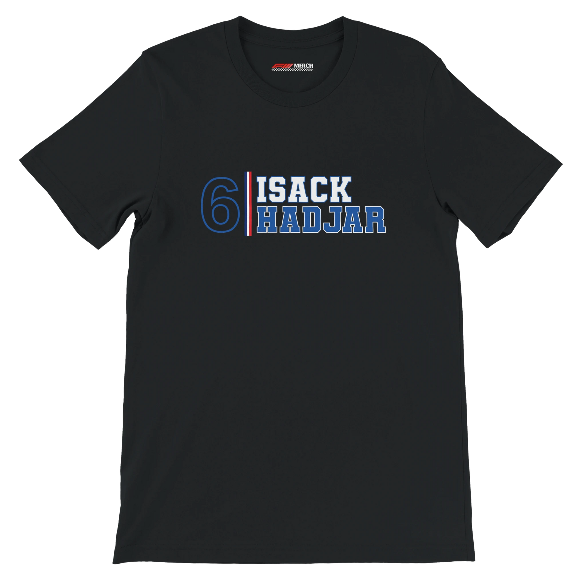 f111 merch black color t-shirt1 with isack-hadjar branding.