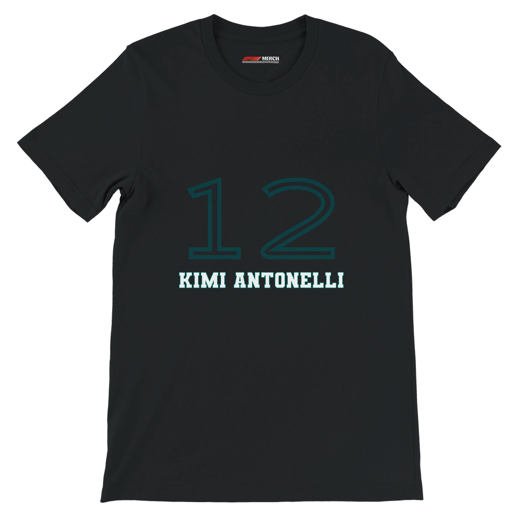 f111 merch black color t-shirt1 with kimi-antonelli branding.