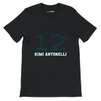f111 merch black color t-shirt1 with kimi-antonelli branding.